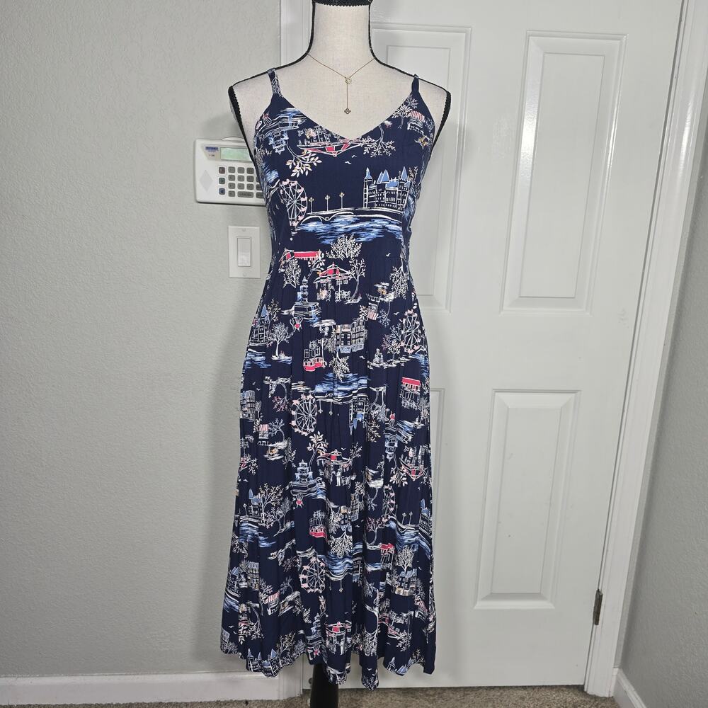 Old Navy Blue Scenic Print Midi Dress Sz S Strapy sleeves Tropical Resortwear